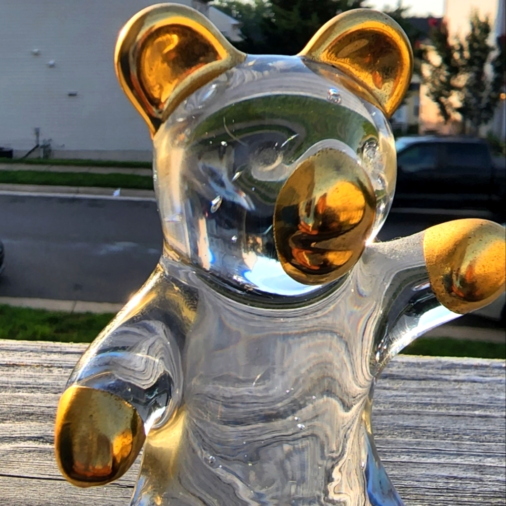 Vintage Handblown Glass Teddy Bear with Gold Detail